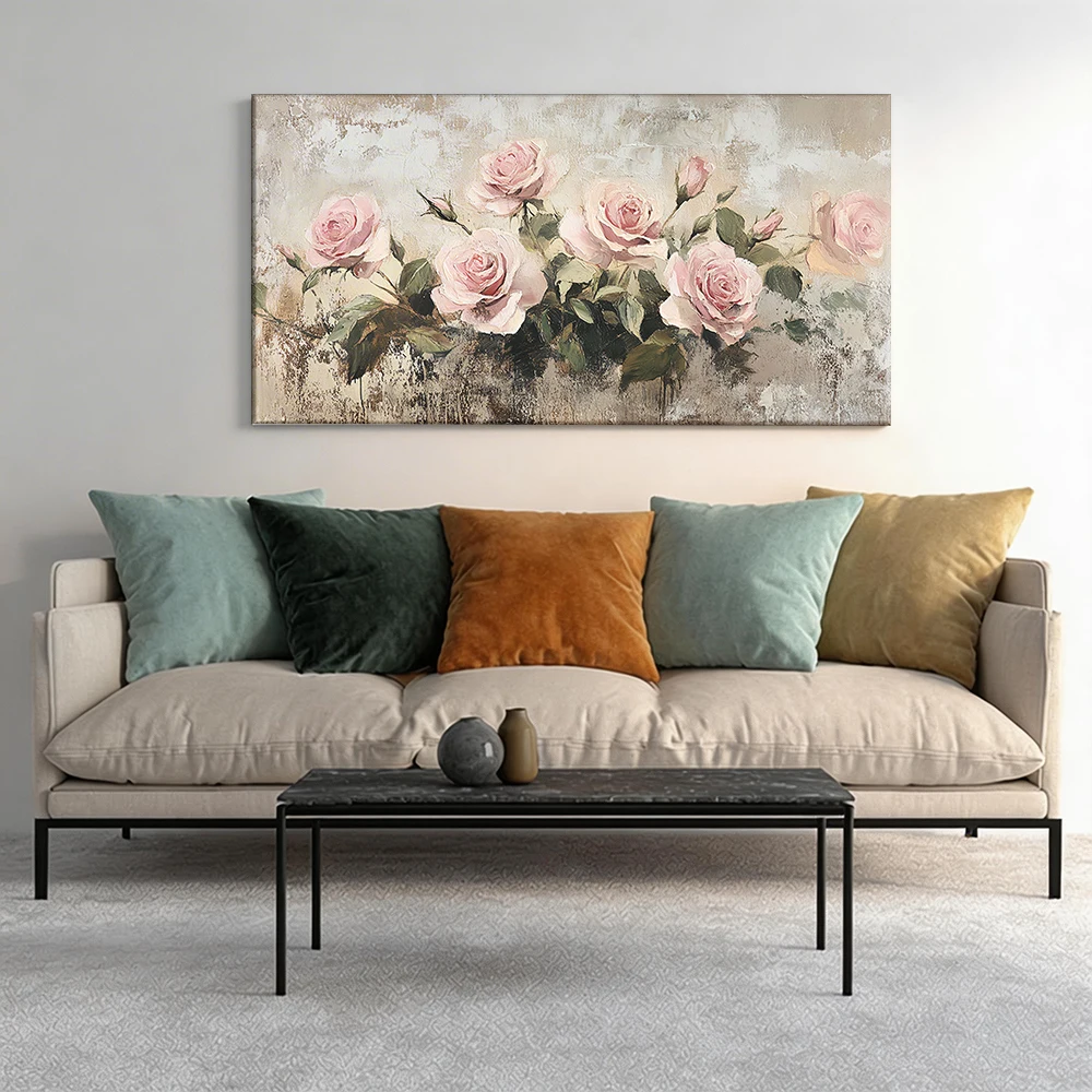 

Large-sized solid wood frame canvas painting 1pc Pink roses in an artistic painting.