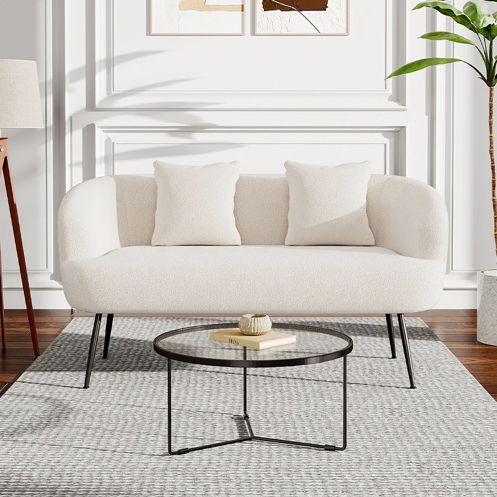 White Teddy Fabric Loveseat with Metal Legs for Living Room Bedroom