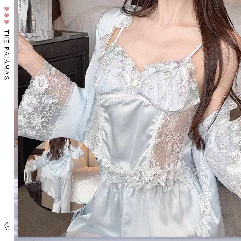 

Осенне-зимний бархатный пижамный комплект из 3 предметов, одежда для сна, сексуальный кружевной халат, брючные костюмы, свободная повседневная велюровая домашняя одежда, одежда для дома