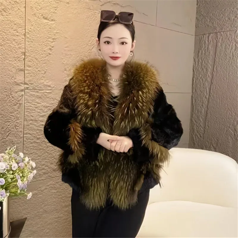 Real Rex Rabbit Fur Coat Women Autumn Winter Short Jacket Thick Warm New Raccoon Dog Fur Collar Elegant Female Warm Outerwear