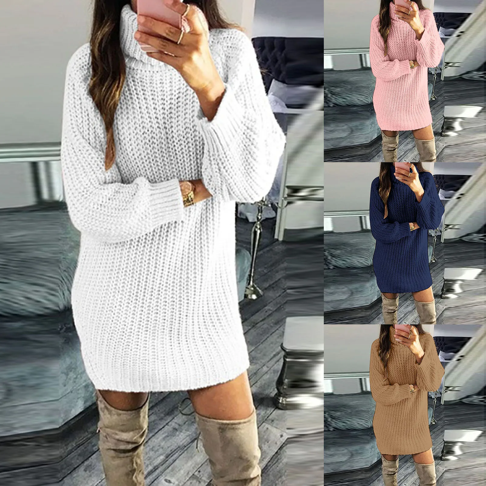 Ladies Turtleneck Sweater Dress Thicken Long Sleeve Knitted Dress Winter Casual Loose Warm Sweaters Oversized Sweatshirt vestido