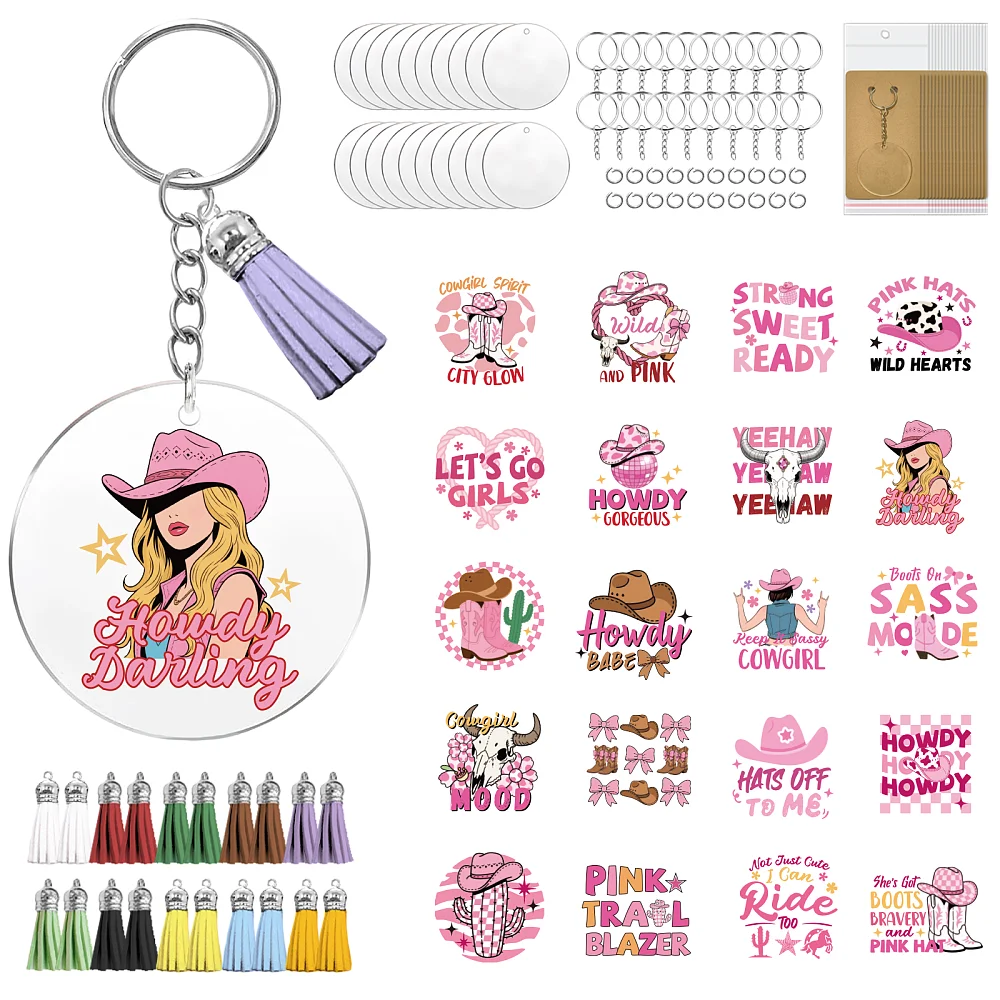 160Pcs Acrylic Keychain kit with UV DTF Cold Transfer Stickers Pink Cowgirl Waterproof Round DIY Acrylic Key Chain Blanks Set