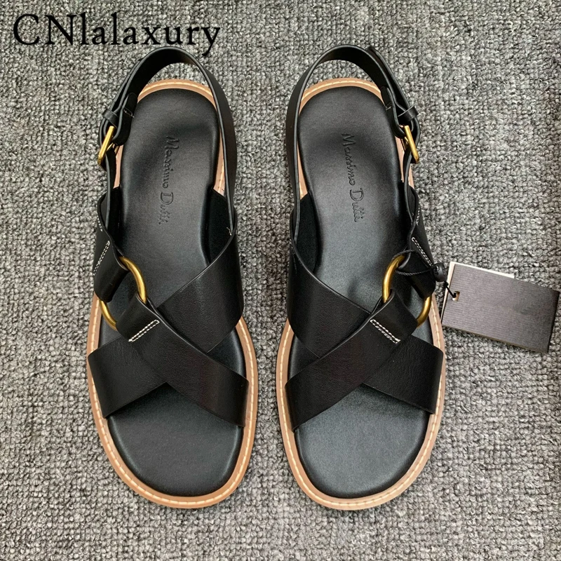 2024 Zomer Engeland Stijl Echt Lederen Vrouwen Sandalen Gekruiste Bandjes Gladiator Sandalen Voor Vrouwen Gouden Gesp Platte Sandalen Vrouwen