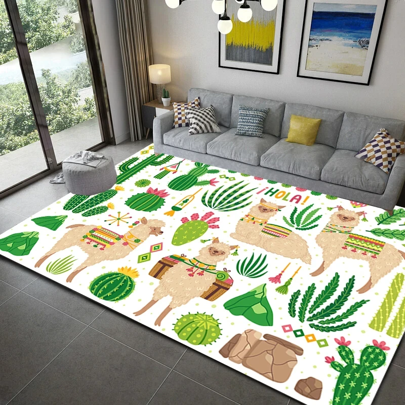 Cartoon Alpaca Cactus Carpet Lovely Animal Rug for Children Bedroom Decor Living Room Yoga Mat Home Entrance Non-Slip Door Mat