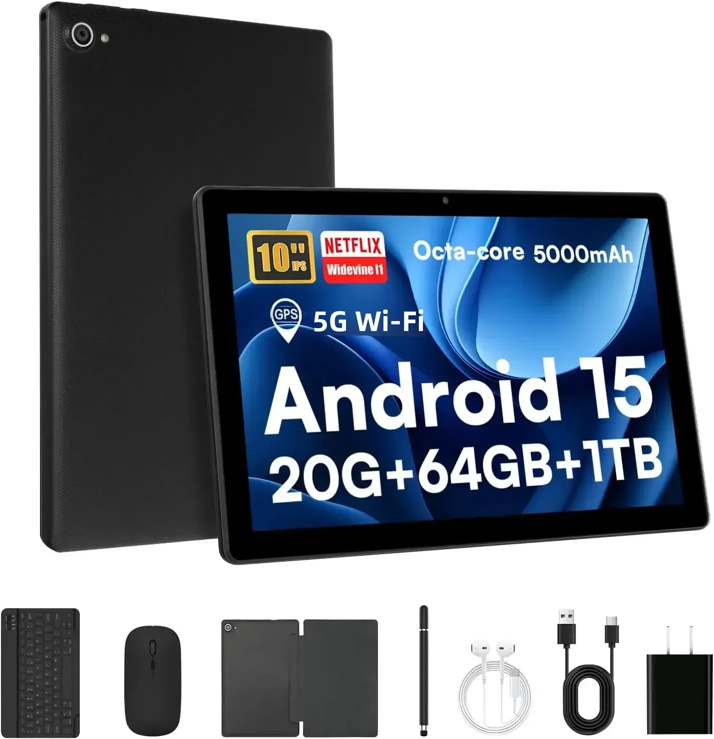 Tablet URAO de 10 Polegadas Android 15 Octa-Core 20GB RAM 64GB ROM 1280x800 IPS com WiFi 6 Bluetooth 5.3 Widevine L1 e Conjunto de Teclado