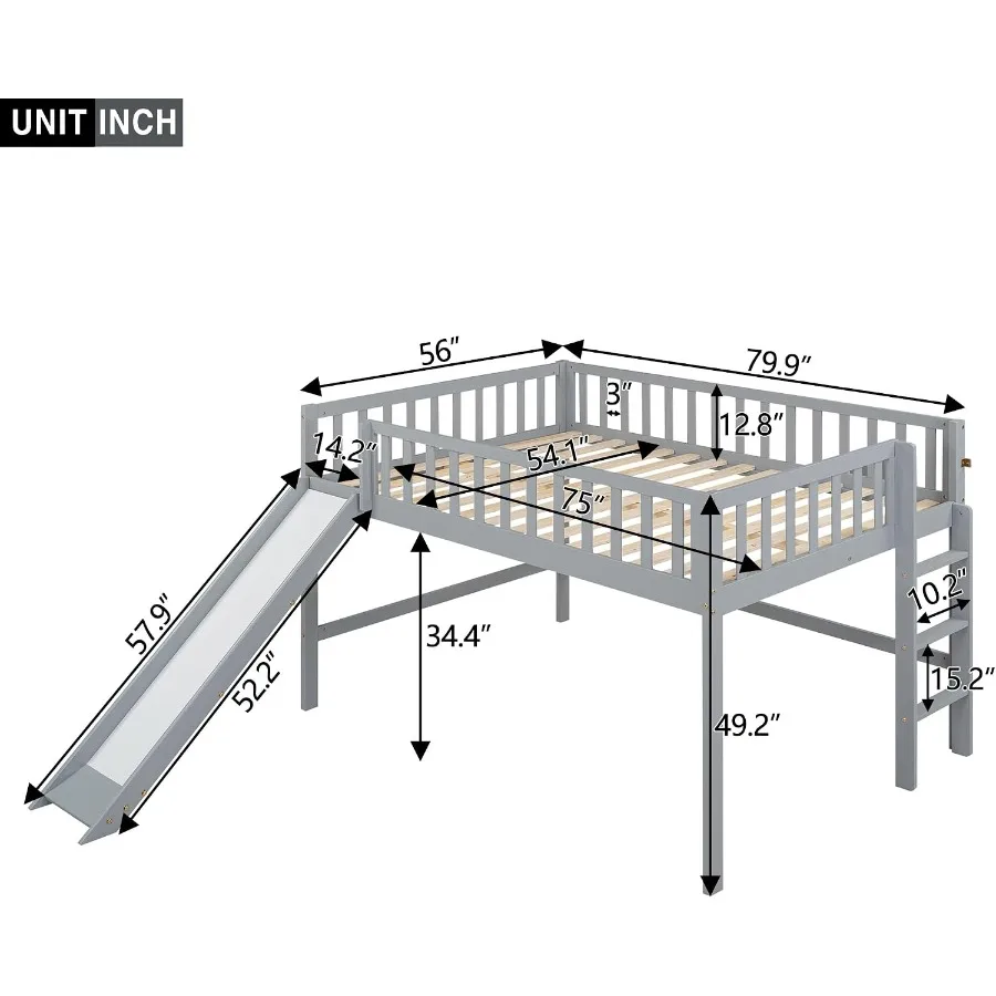 Low Loft Bed with Slide, High Guardrail Ladder for,Wooden Frame, Gray, No Box Spring Needed, Ideal for Small Spaces