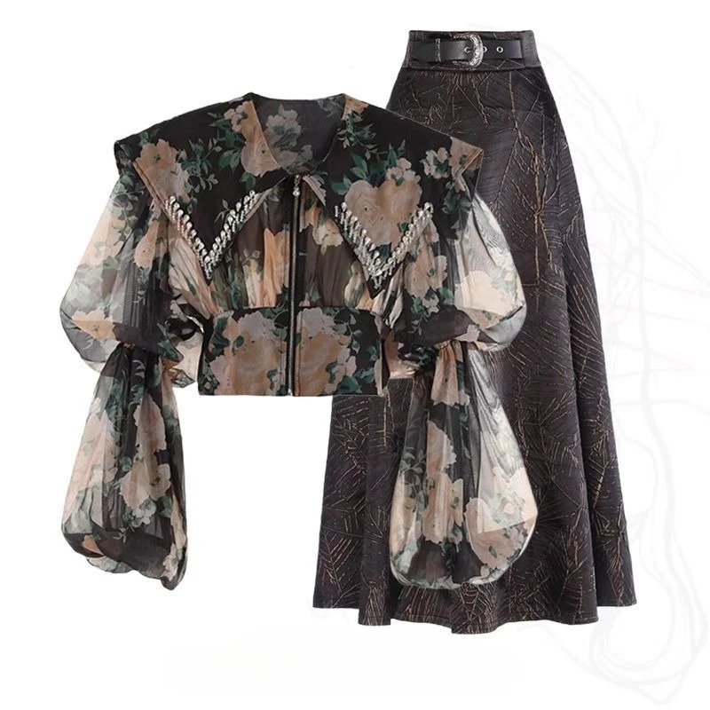 

A Complete Set of 2026 New High-end Floral Shirt Tops and Slimming High-waisted Skirts for Summer Wear Temperament Commuting