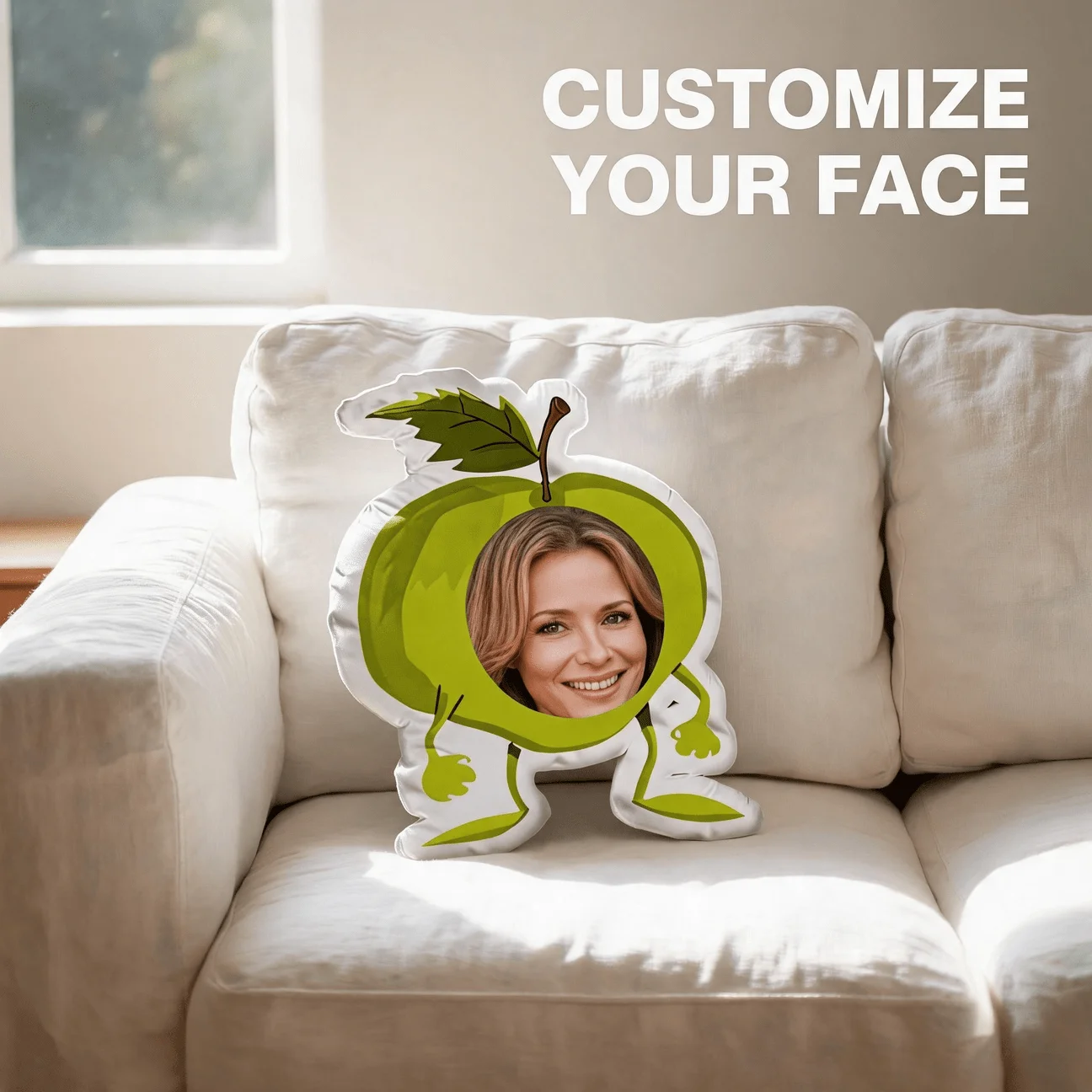 Personalized Photo Apple Pillow with Custom Face Insert - Soft Cushion Suitable for Sofa & Bed Decor, Green Apple-Shaped Gift fo