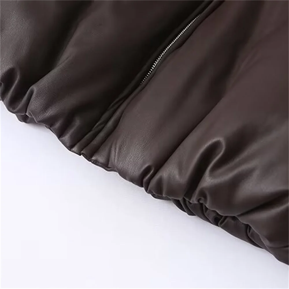 TRAF Autumn New Product Casual Fashion Retro PU Leather Cover Loose Thick Warm Cotton Jacket Short Coat Jacket