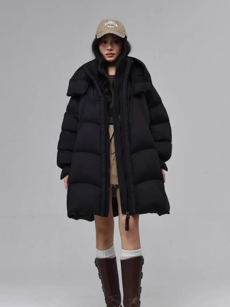 Luxury Thick warm duck down jacket with hooded Women's Oversize 2025 Winter Fashion Mid-length puffer coat Female INKEO DJ576