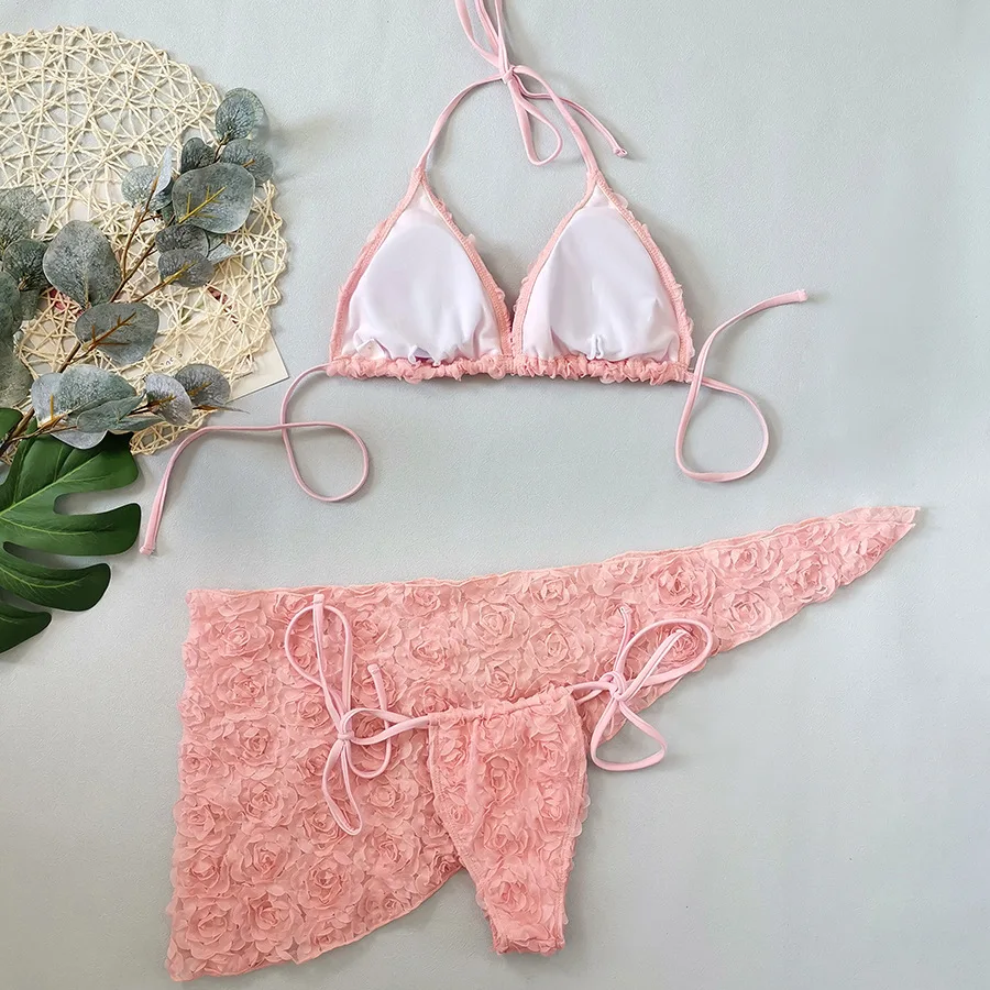 Sexy Pink Mesh Flower String Halter Micro Mini Bikinis Sets 3pcs with Cover Skirt Swimwear Swimsuit Bathing Suit Biquini Tankini