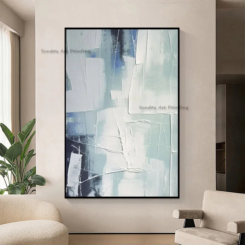 Light Blue White Abstract Canvas Thick Oil Painting Simple New Design Handpainted Green Beige Knife Thick Waves Wall Art Decor