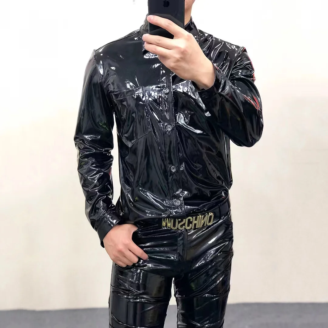 

Mirror Reflective Glossy Leather Shirt Men's Elastic Slim Fit Shirt Nightclub Bar Party Host DJ Singer Stage Performance Uniform