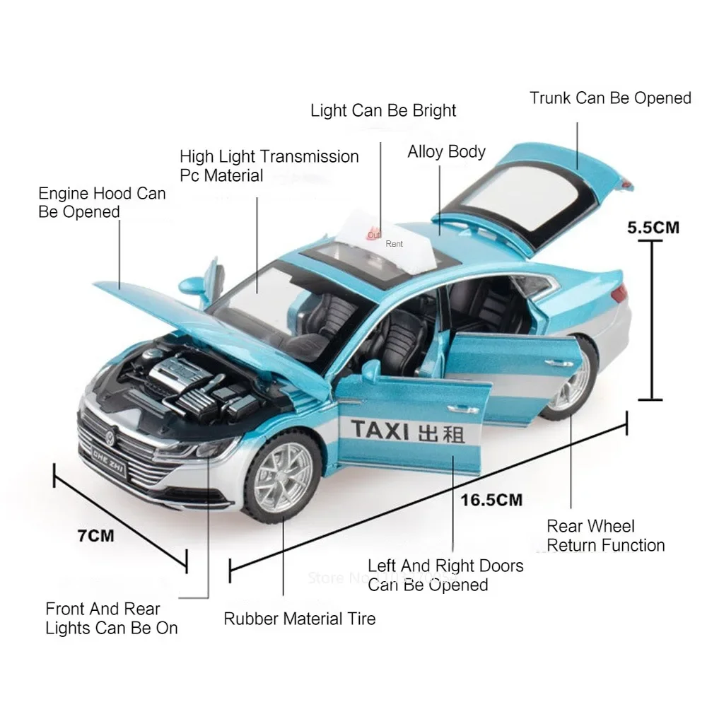 1/32 CC Taxi-Spielzeug, Modellauto, Druckguss-Legierung, Fahrzeug, 6 Türen geöffnet, Metallkörper, Gummireifen, Ton, Licht, zurückziehbares Spielzeug, Geschenke für Kinder