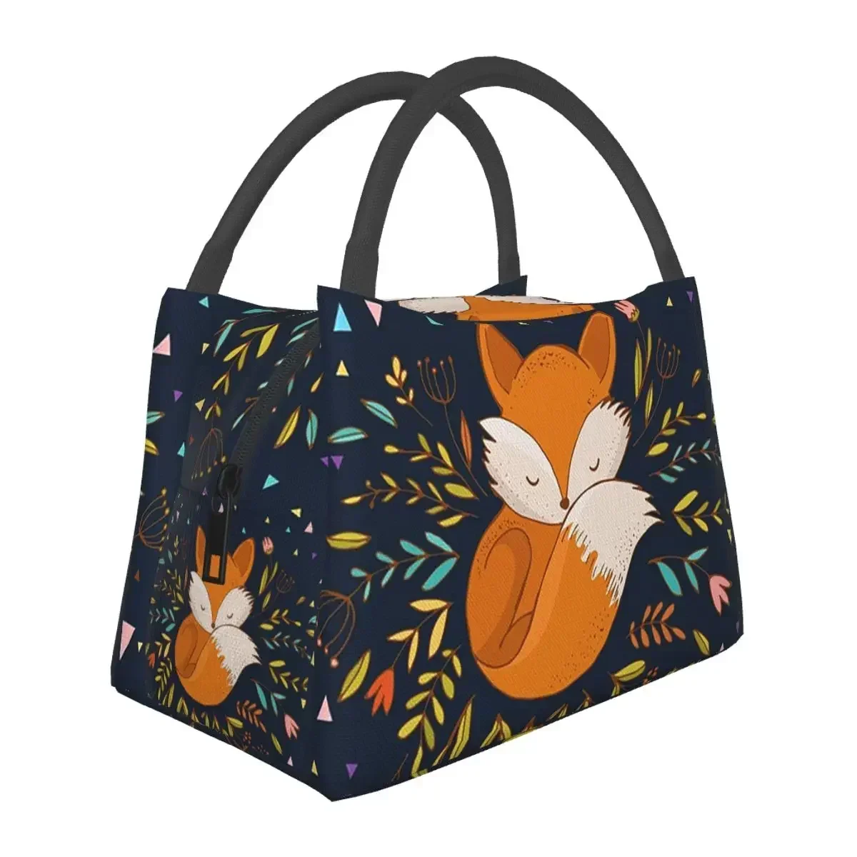 Cute Fox Flowers And Triangles Lunch Bags Insulated Bento Box Lunch Tote Picnic Bags Cooler Thermal Bag for Woman Children