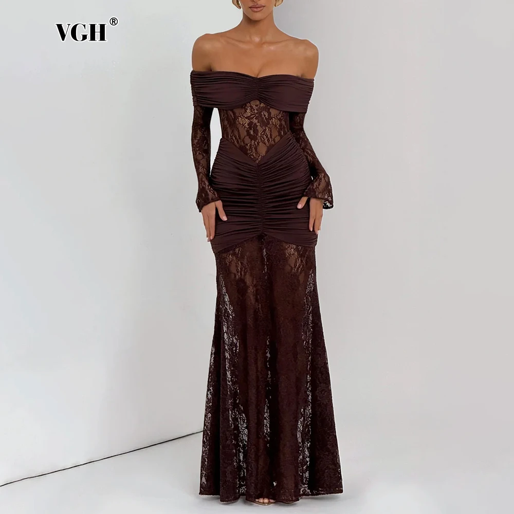 VGH 블랙 레이스 오프숄더 웨딩 게스트 드레스 여성 슬림핏 롱 슬리브 러치드 머메이드 헴 맥시 드레스 고급 디너용