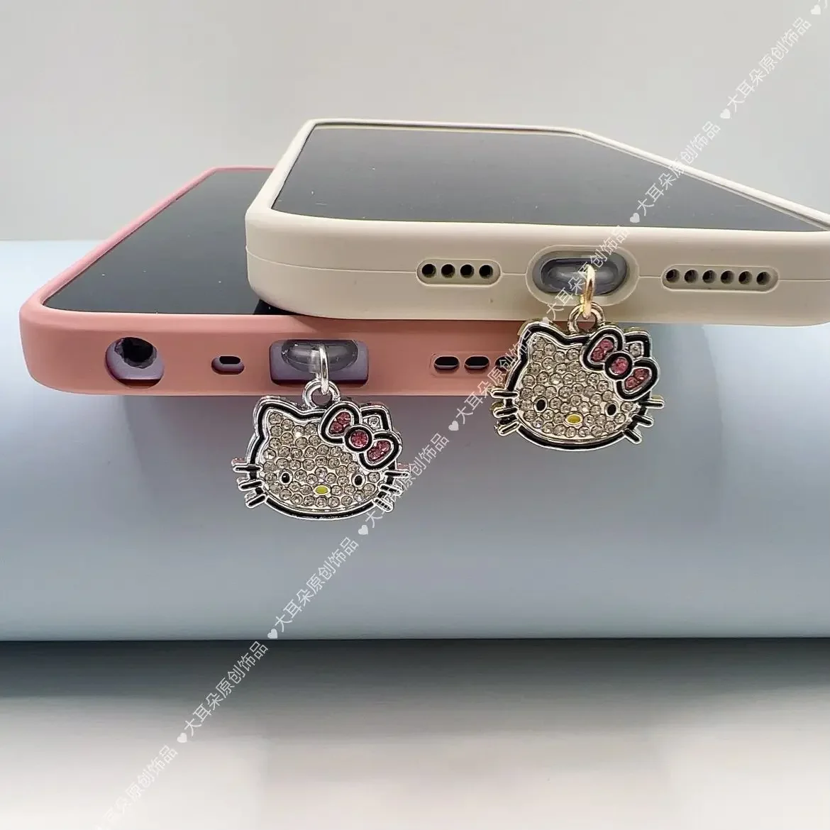 Kawaii سانريو الماس البطانة مرحبا كيتي الغبار التوصيل الكرتون أنيمي الهاتف المحمول العالمي الغبار التوصيل آيفون نوع-c قلادة مجوهرات G
