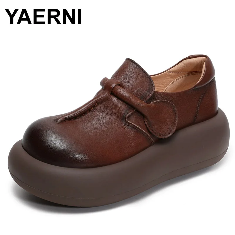

Women's Retro Thick Bottom Leather Shoes Spring Autumn Casual Style round Toe Waterproof Platform Rubber Sole Hightop