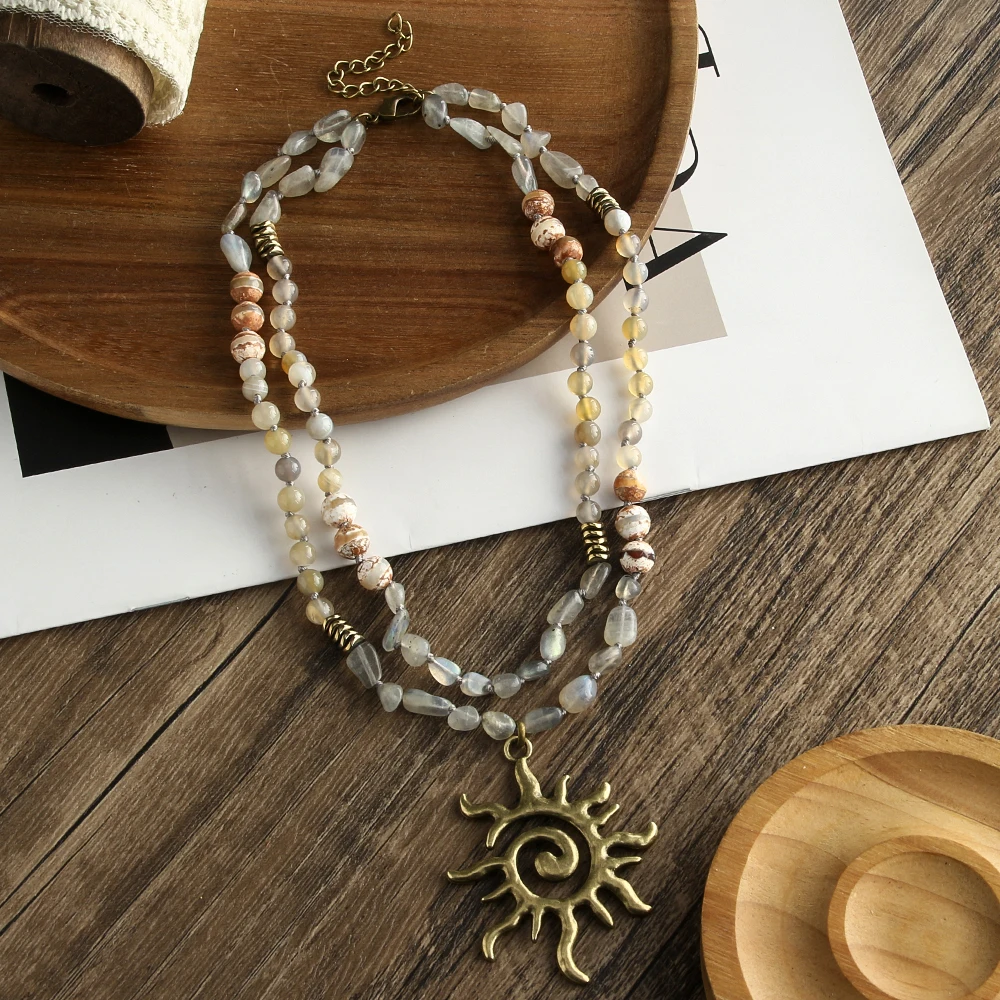 RH fashion vintage bohemian 2 layer necklace natural stone hematite knotted necklace Sun God Totem Pendant neckalce