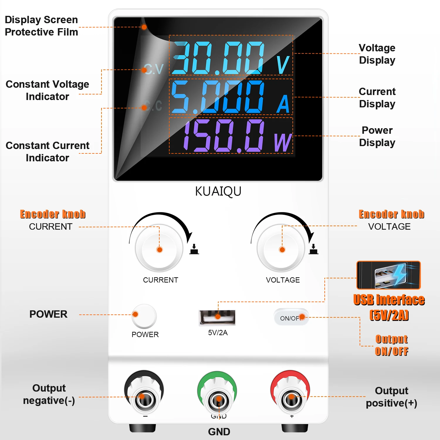 KUAIQU SPPS-B305D White 30V 5A 150W Color LED Display Voltage Stabilizer Laboratory Switching Adjustable DC Power Supply