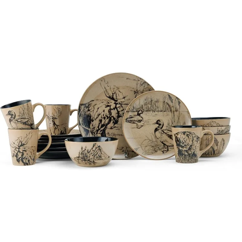 Animal Print 16 Piece Dinnerware Set, Black and Beige