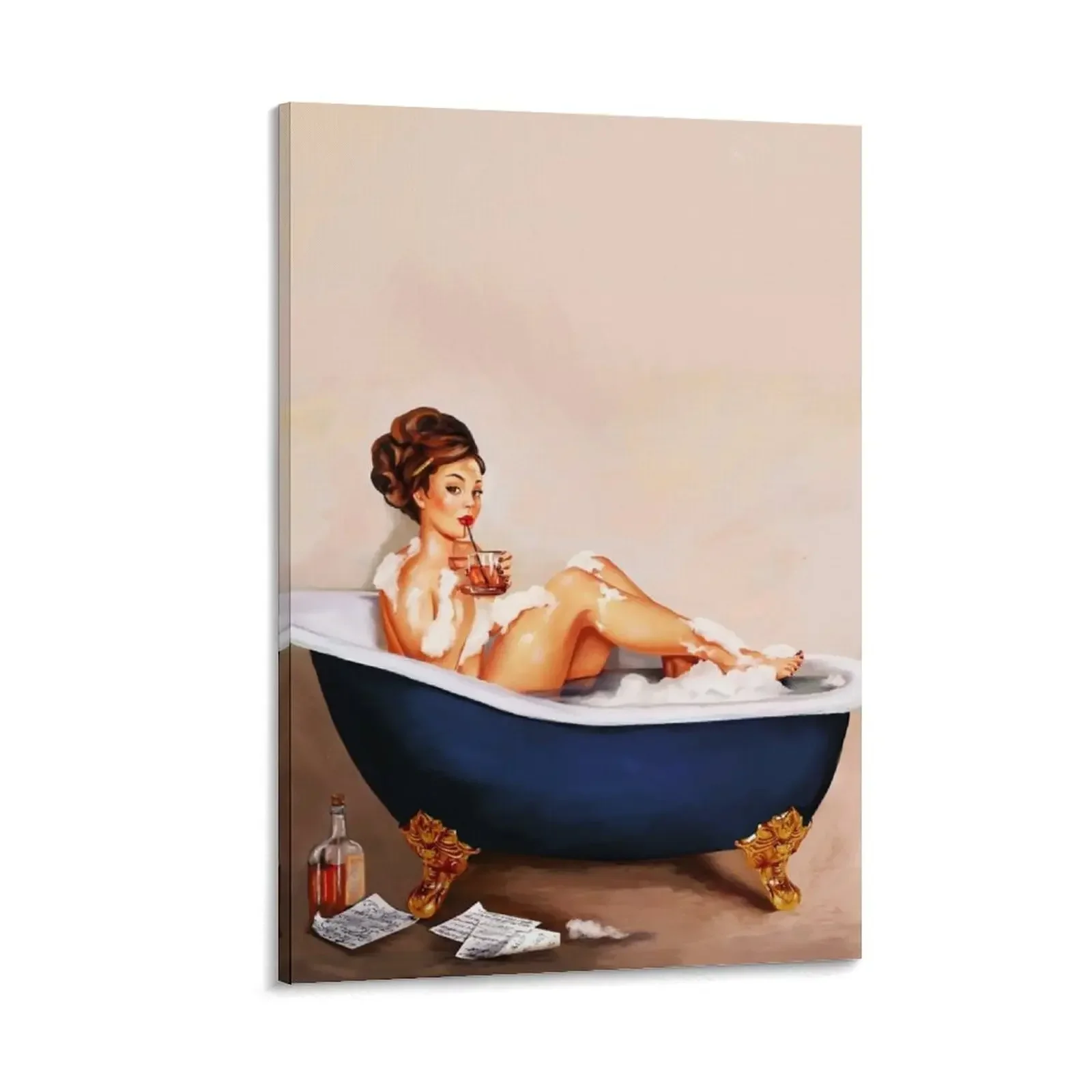 

Bathtub Whiskey A Cute Vintage Brunette Pinup Girl Enjoys A Bath & Cocktail Canvas Painting room decorations aesthetic