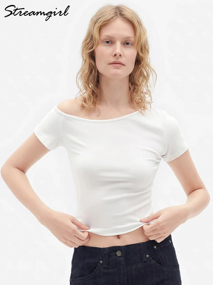 

Женская укороченная футболка Streamgirl с открытыми плечами, облегающая, с коротким рукавом, однотонная, хлопковая, черная