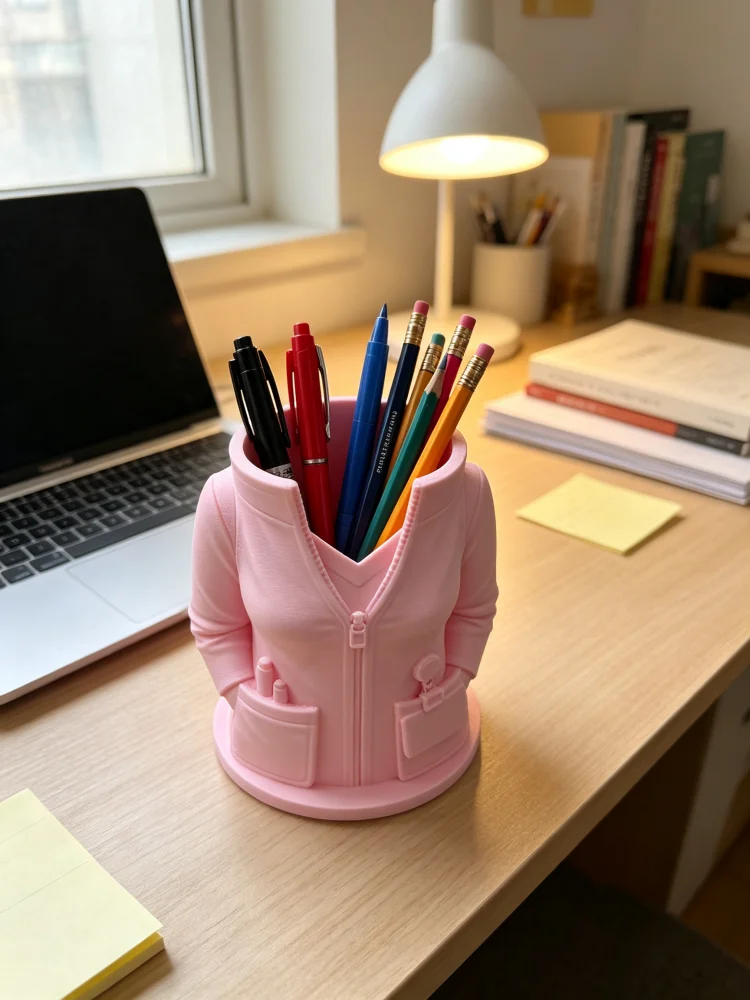 Medical Aesthetic Nurse Uniform Style Desktop Storage Box 3D Printed Pink Scrub Uniform Style Pen Holder Stethoscope Detail Zipper Pocket Design Matte Pla Material Cute Girly Style Creative Desktop Organizer Stationery Storage Tube Nurse Desktop Accessories Hospital Work Area Clinic Nurse Station Desktop Decoration and Organization Gift for Nurses, Doctors, Medical Assistants, Nursing Students, Graduation, Gratitude, and Colleagues
