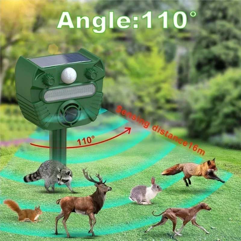 Solar Ultrasonic Dog Repeller Strong Waterproof Pet Barking Stop Device with Motion Sensor & Flashing LED Light Siren for Lawns