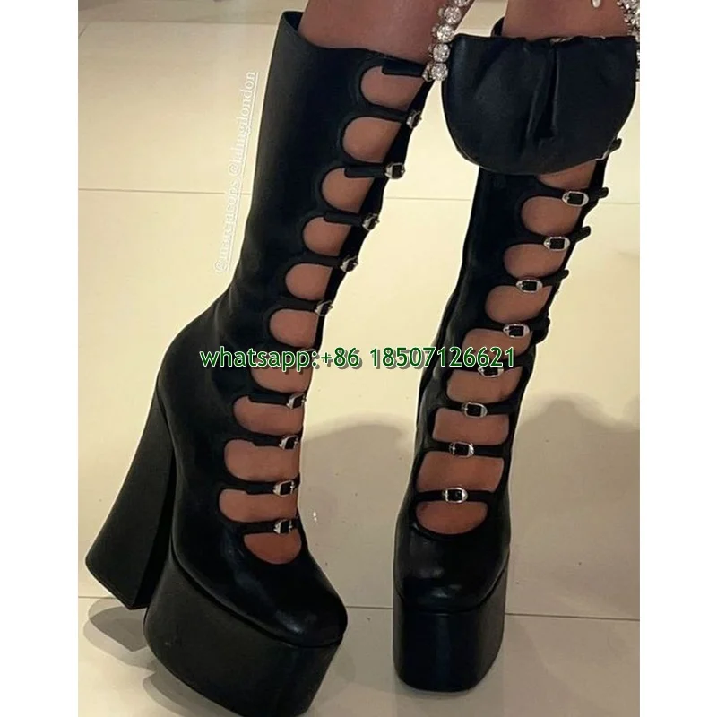 Solid Color Satin Platform Thick Heel Knee-High Boots Large Size Buckle Strap Decoration Thick-Soled Shoes For Women