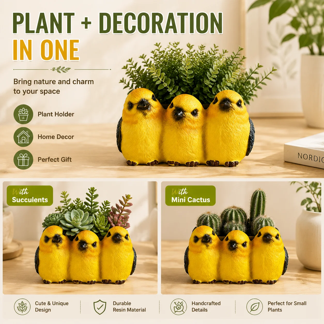 Cute Yellow Bird Succulent Planter Resin Flower Pot Animal Plant Pot Desktop Home Garden Decor Gift