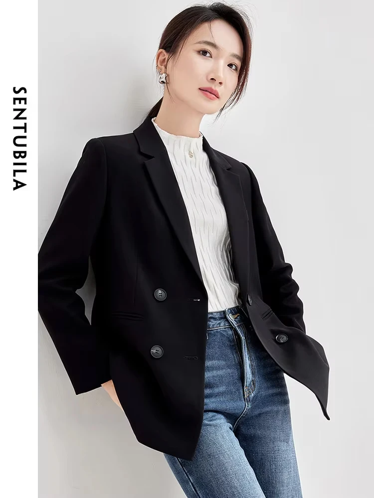 SENTUBILA Black Tailoring Blazer Women 2024 Elegant Notched Double Breasted Jacket New in Outerwears Woman Clothing 133X49854