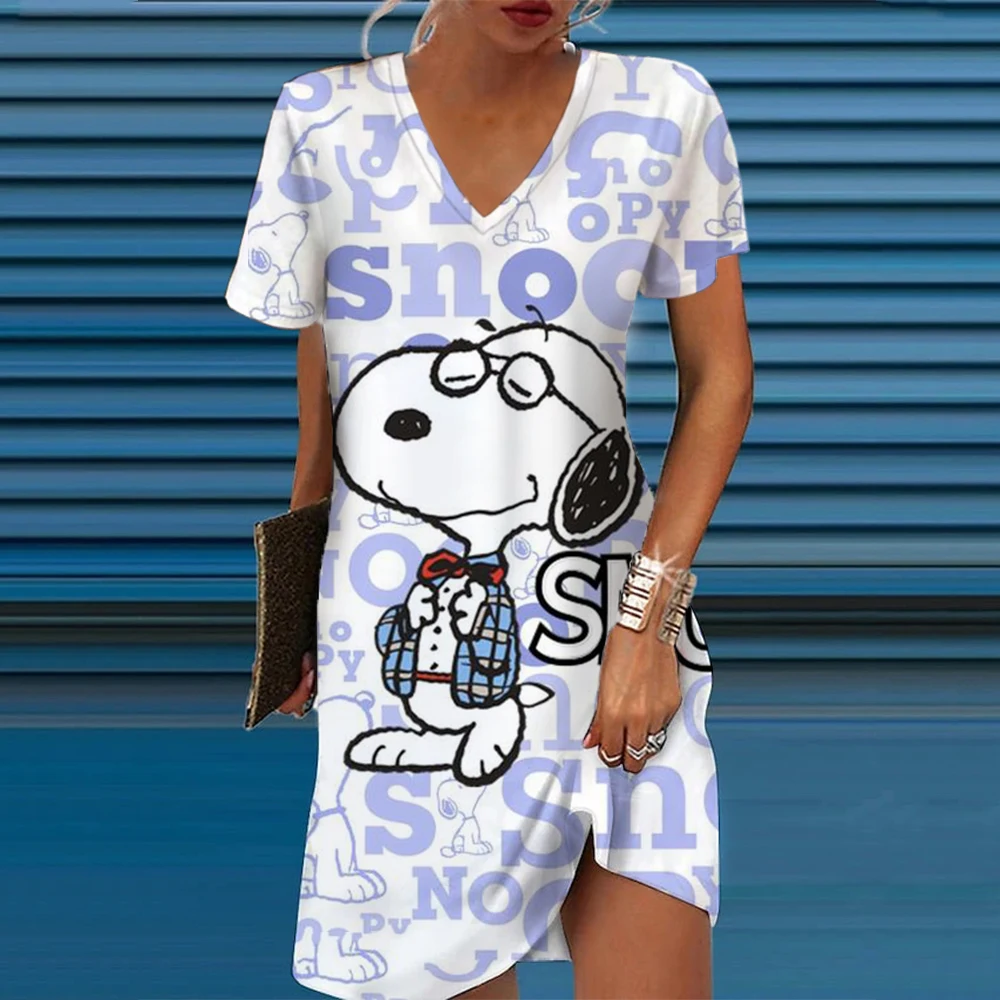 Dames Jurken Zomer Mode Snoopy Print V-Hals Losse Bohemian Vakantie Vrouw Basic Vestidos Met Korte Mouwen