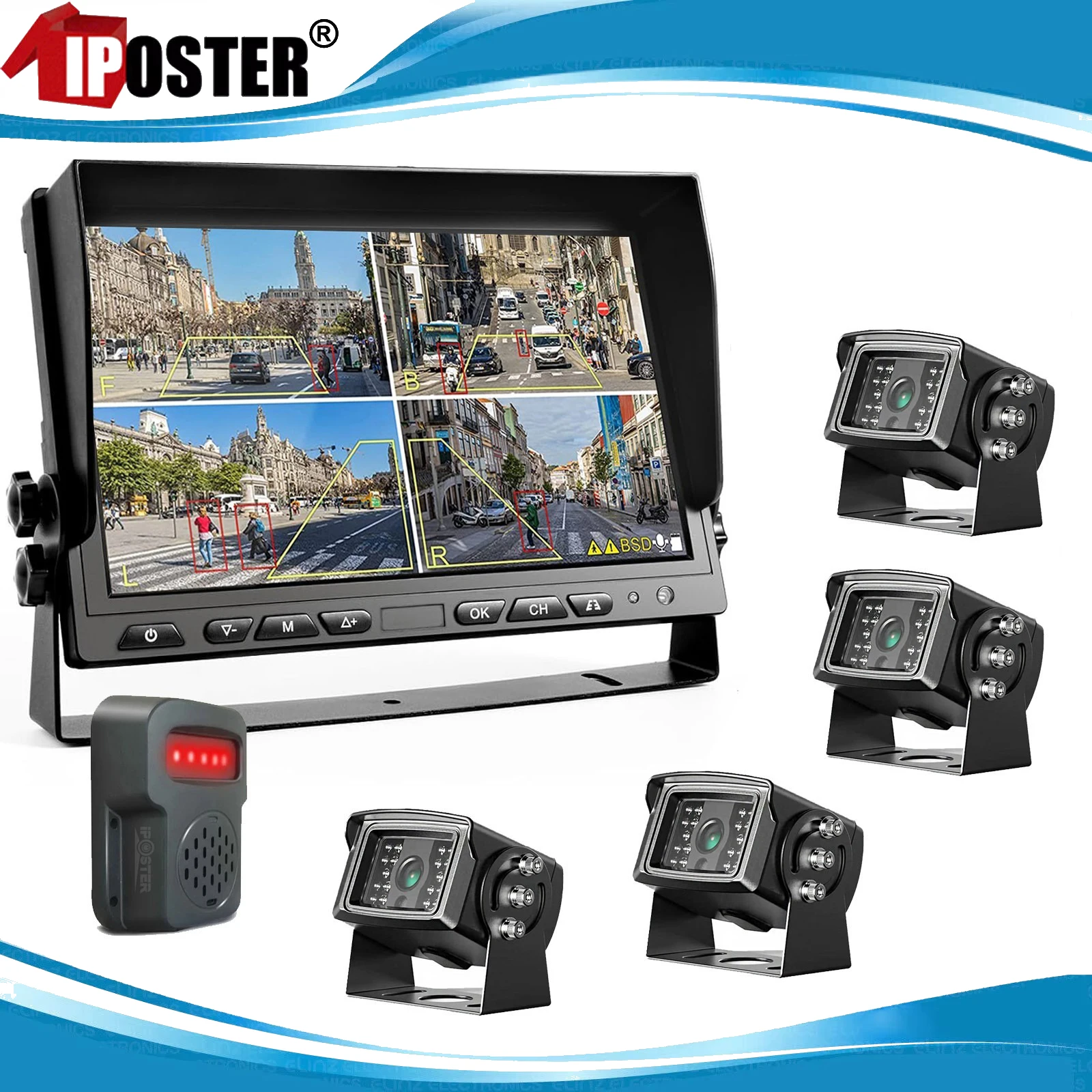 

iPoster 10.1 Inch 4ch BSD DVR Monitor Ai Detection Loop Recording Rear View Cameras Kit For Truck Bus Van Trailer Motorhome