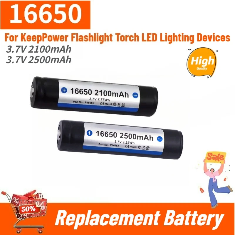 16650 Battery 3.7V 2100mAh 2500mAh For KeepPower Flashlight Torch LED Lighting Devices High Quality Replacement Battery
