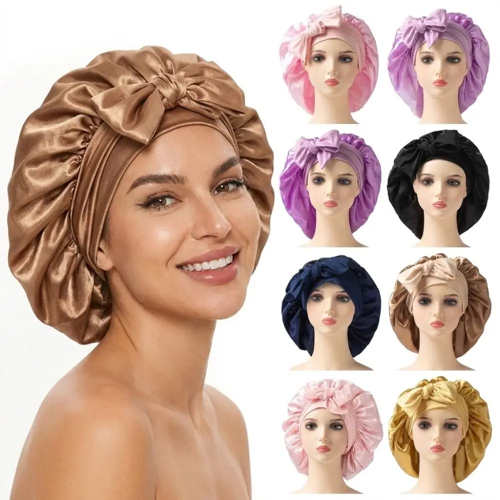 Gentle Satin Material Sleeping Bonnet Solid Color Wide Brim Design Night Sleep Cap Soft Adjustable Strap Hair Care Cap For Women