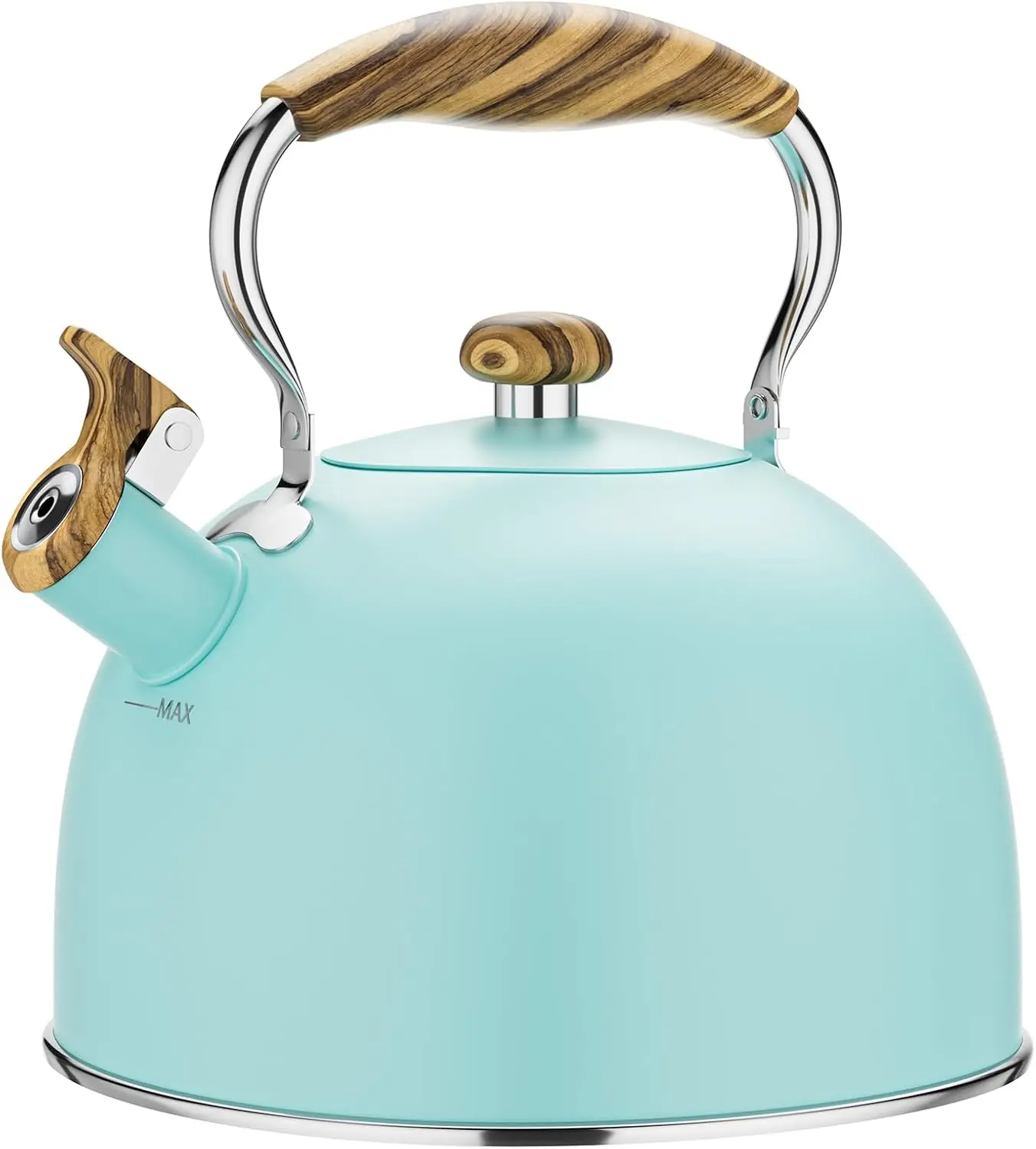 

2.6 Quart Stovetop Whistling Tea Kettle, Stainless Steel with Cool Wood Handle in Blue