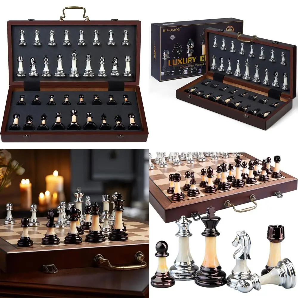 16.5 Folding Wooden Chess Set with 3.5 Acrylic Pieces, Storage and Handle for All Skill Levels