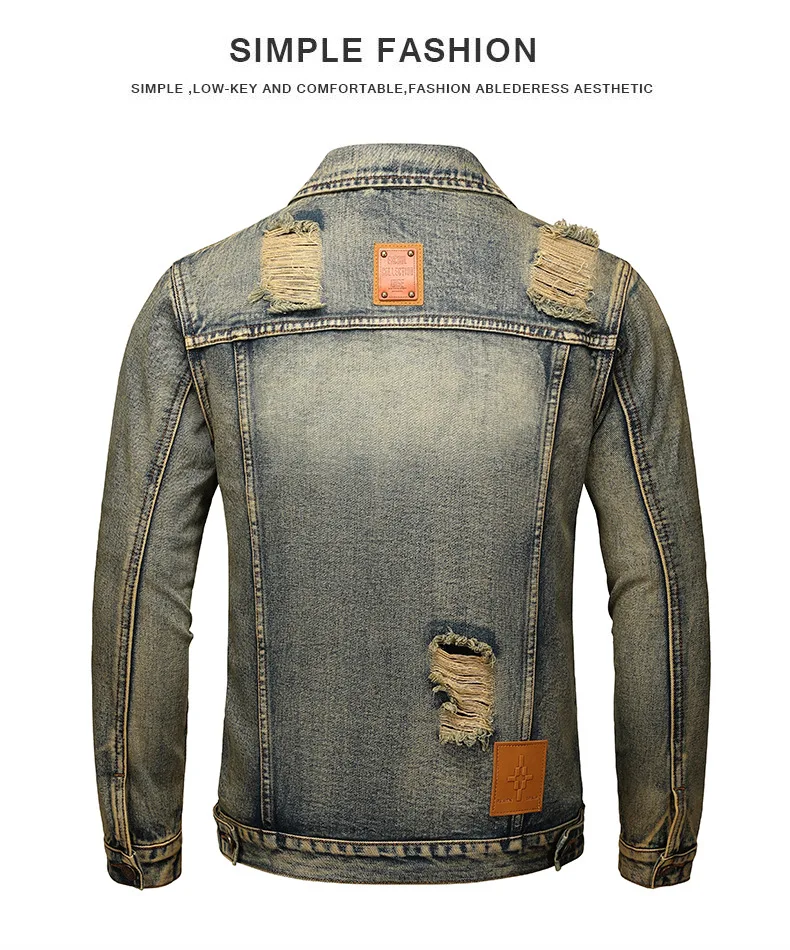 Men\'s Fashion Vintage Destroyed Jeans Jacket High Street Ripped Denim Coat With Holes Washed Retro Outerwear Size M-5XL