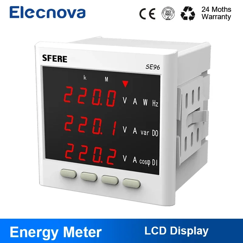 Sfere SE96 Multi-function Harmonic Meter Digital LCD Display Energy Meter RS485 Communication,Switch State Monitor,Limit Alarm