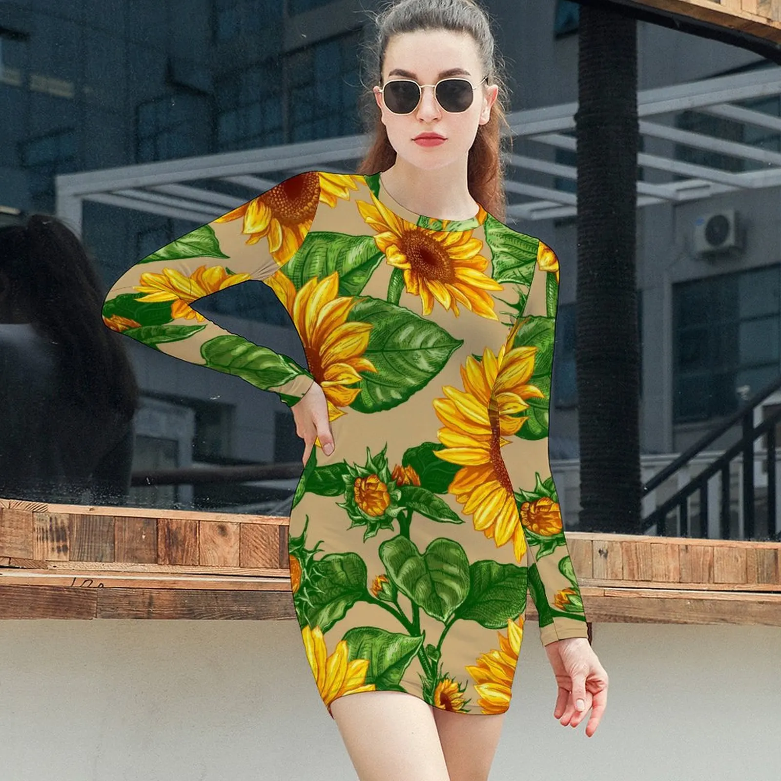 Sunflower Print Bodycon Dress Holiday Yellow Flowers Elegant Dresses Women Long Sleeve Custom Aesthetic Dress Big Size 2XL