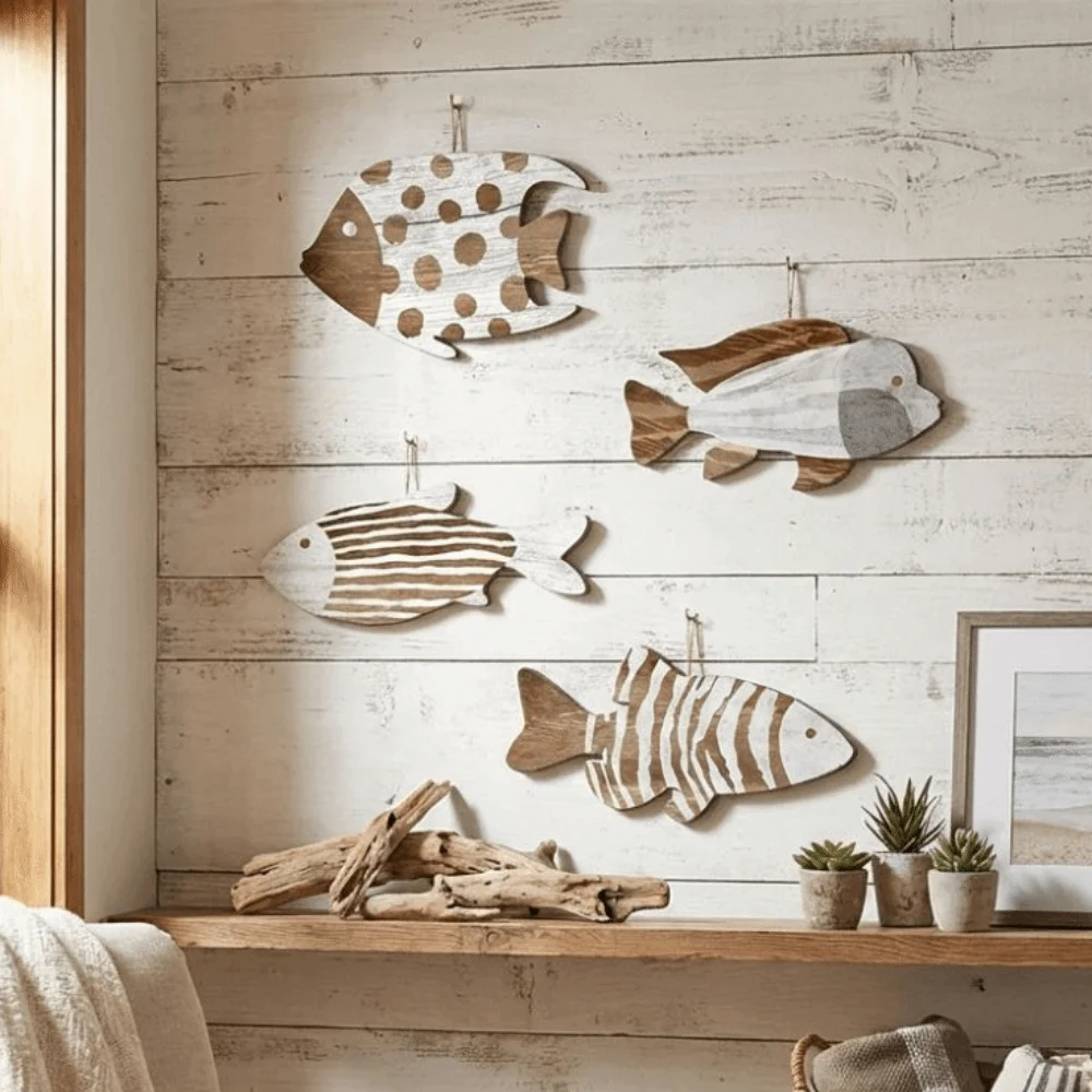 Marine Style Wooden Fish Wall Decor Ocean Theme School of Fish Fish Hanging Decor Handcrafted Rustic Carving Fish Pendant