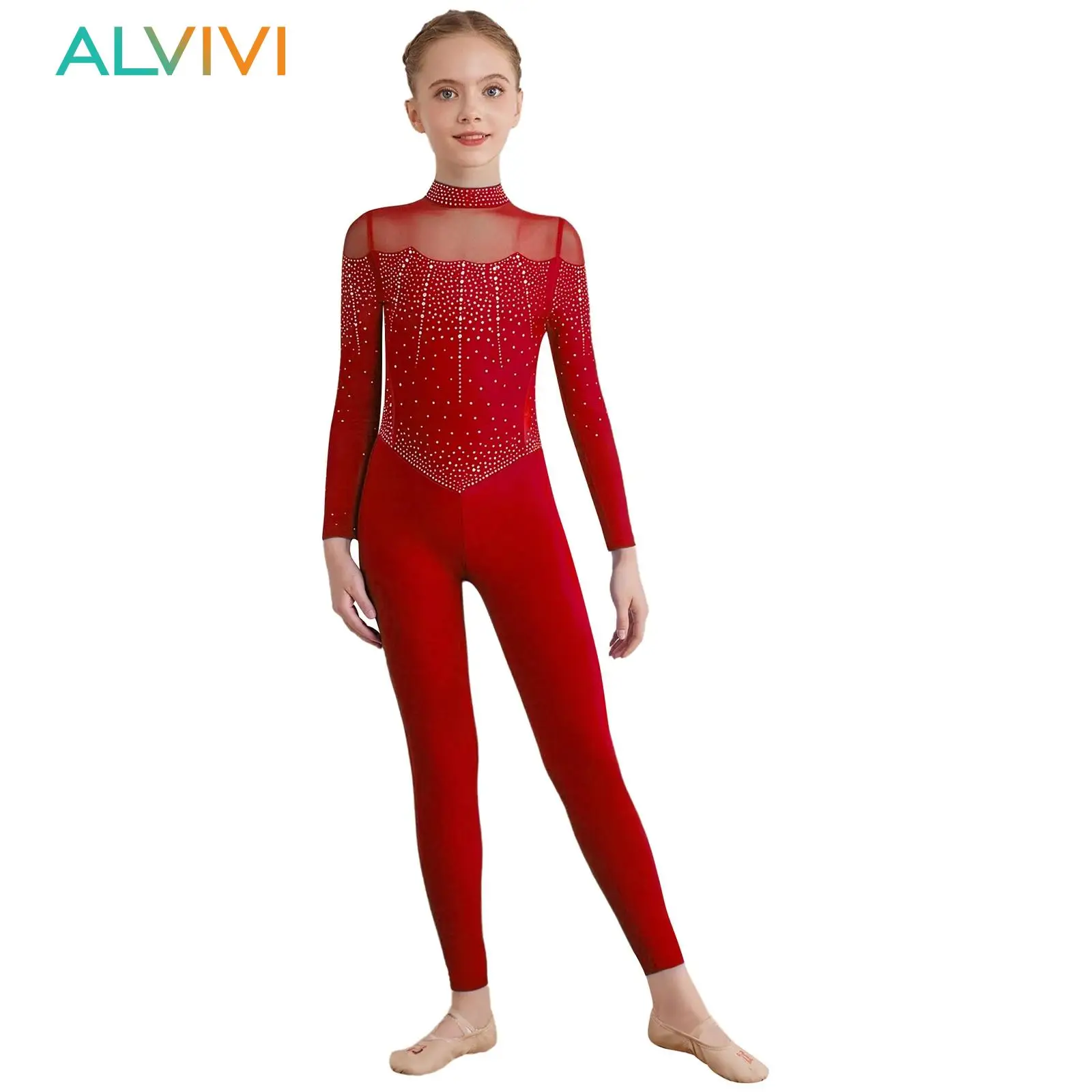 

Kids Girls Shiny Rhinestones Gymnastics Ballet Leotard Full Body Unitard Costume Long Sleeve Sheer Mesh Figure Skating Jumpsuit
