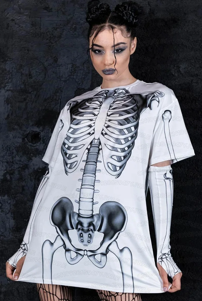 Summer Women's Men's Negative Skeleton Short Sleeve Casual Oversized Round Neck Drop Shoulder Halloween T-shirt Tops