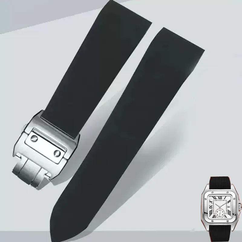 

For Cartier Santos 100 W2020007 Rubber Straps stainless steel Folding Clasp Black wristband Waterproof Silicone Watchband 25mm