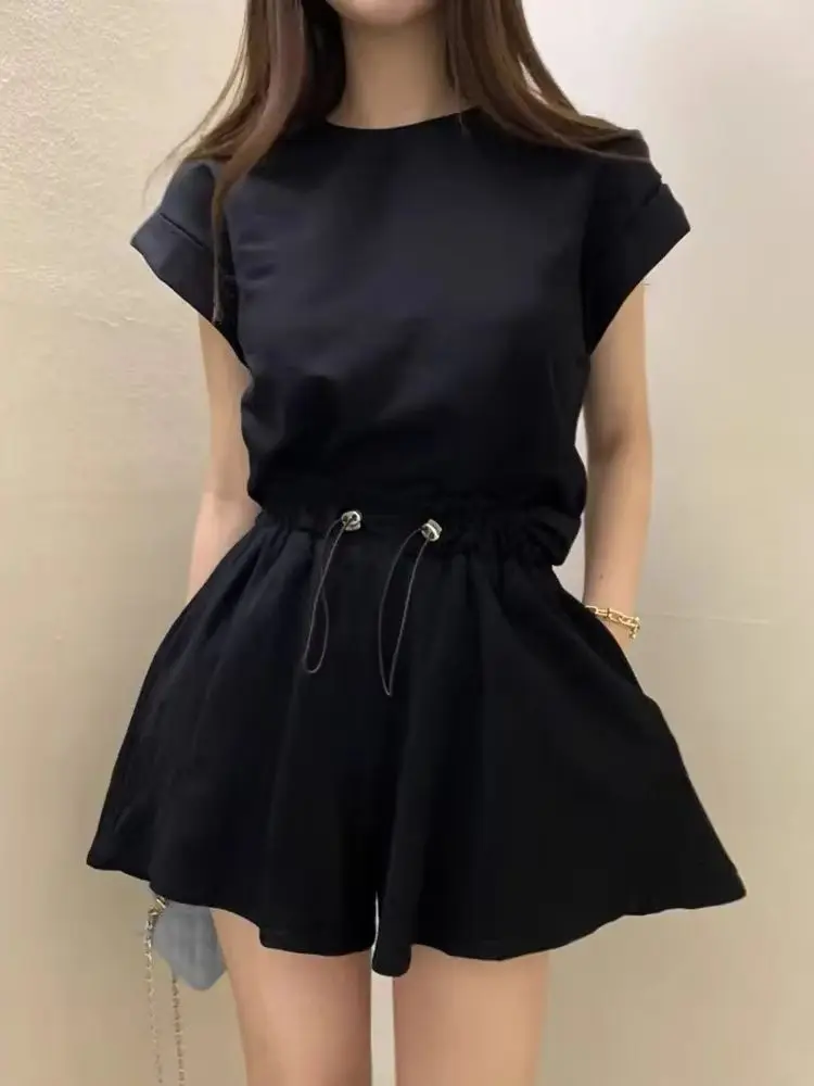 South korea Chic Summer Women's Temperament Back Slit Strap Short sleeve T-shirt Top + Drawstring Wide Leg Shorts Two-piece Set