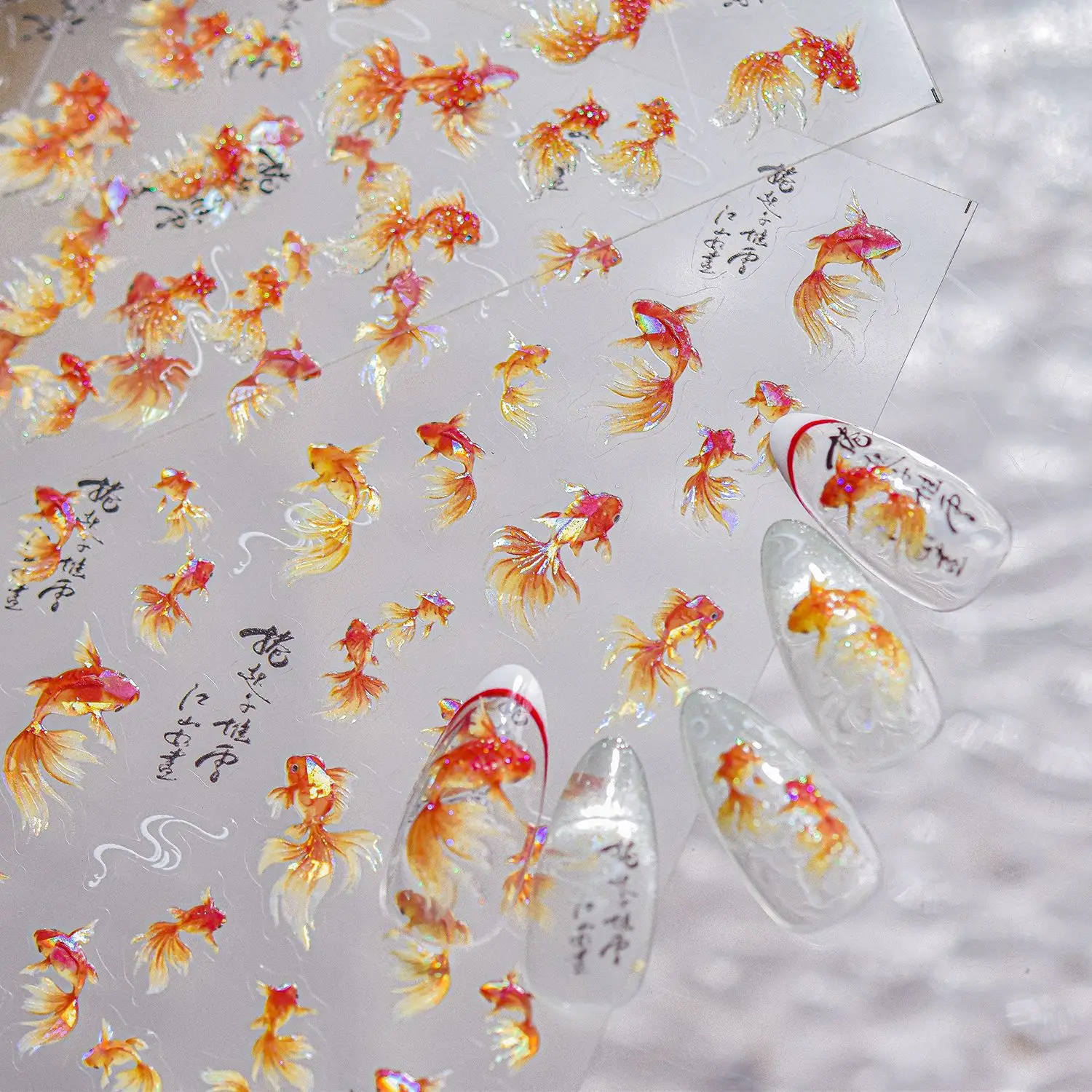 5D Ink Wash Chinese Nail Stickers Red Orange Gradient Koi Fish Cloud Line Traditional Calligraphy Self-adhesive Nail Art Decals