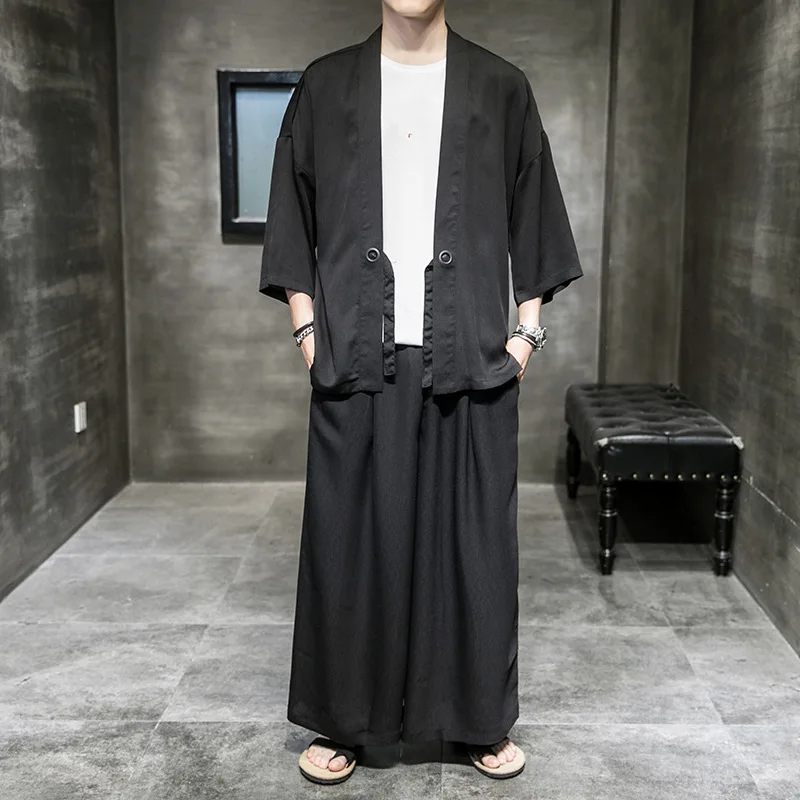 Summer Thin Kimono Set Traditional Japanese Samurai Costumes Oversized Haori Yukata Streetwear Loose Cardigan Pants Two-Piece