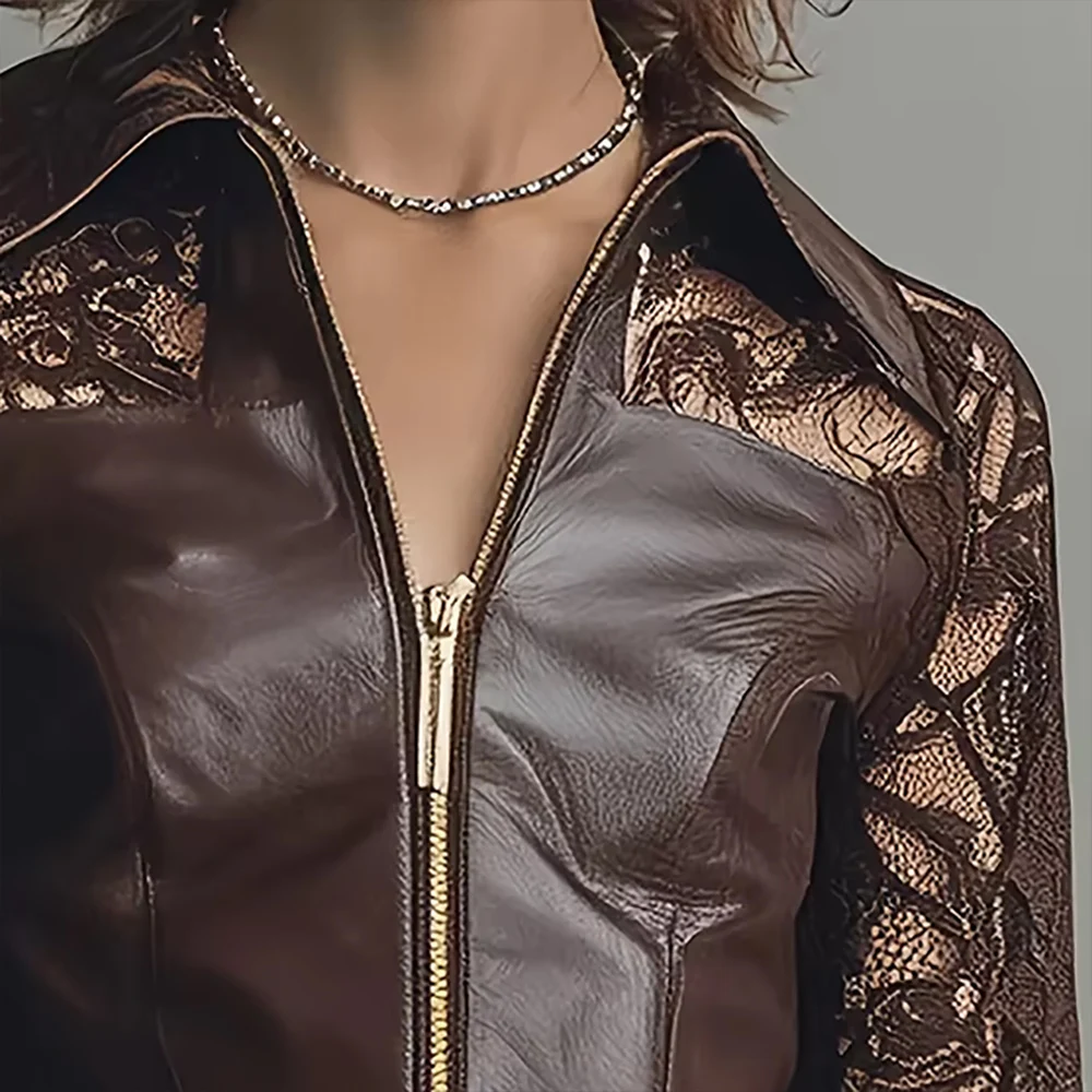 

Women Elegant Pu Leather Fashion Dress Brown Lapel Zipper Mesh Hollow Out Long Sleeve Mini Dress Vintage Chic Fall Short Dresses
