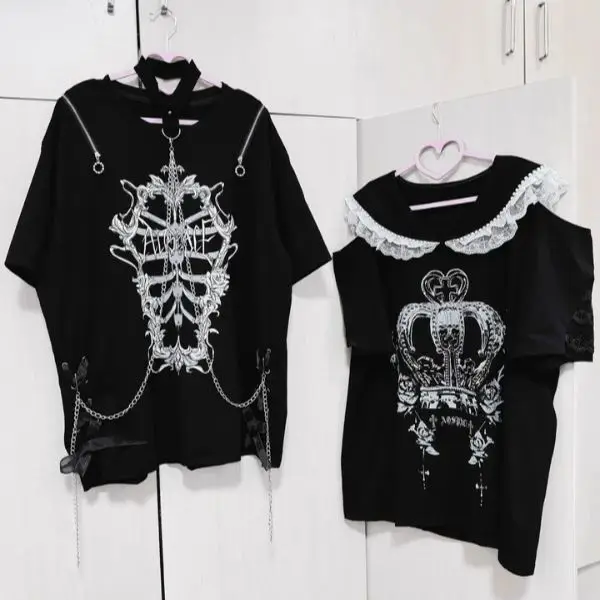 Original Gothic Crown Print Beading Sailor Collar Black Purple Off Shoulder Short Sleeve T-shirt Y2k Student Female Tee Tops